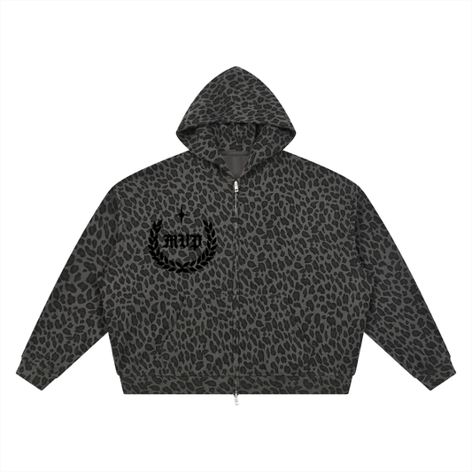 Faceless Designed "Triple Threat" Leopard Print Waffle Full Zip Hoodie